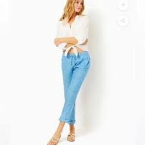 Lilly Pulitzer Women's Blue Linen Taron Drawstring Pant Womens Size Large Blue